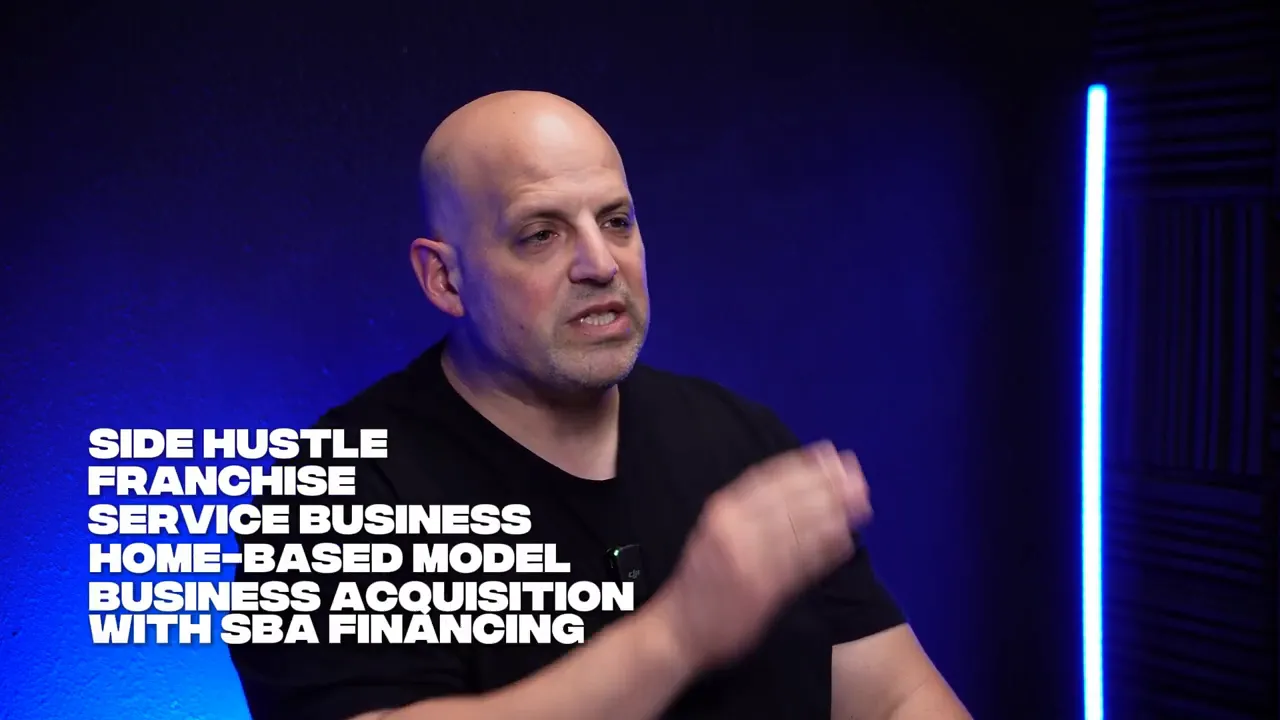 List of lower-risk business paths overlaid on presenter: side hustle, franchise, service business, home-based model, business acquisition with SBA financing