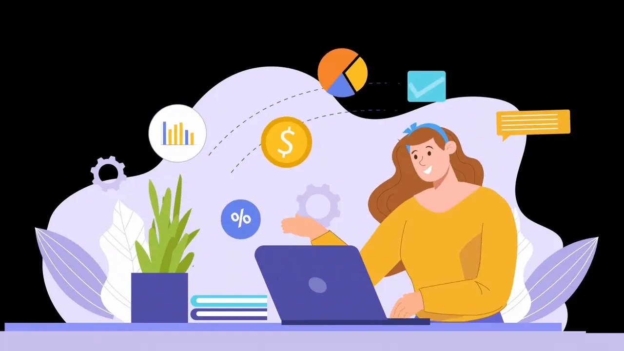 Illustration of a person at a laptop with icons for money, charts, percent and checkmarks representing tasks and finance.