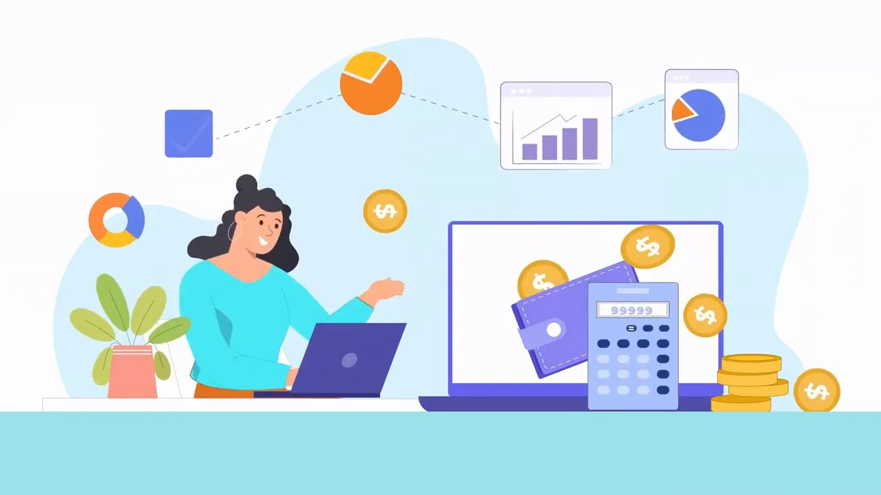 Illustration of a virtual assistant at a laptop with financial charts, a calculator, wallet and coins