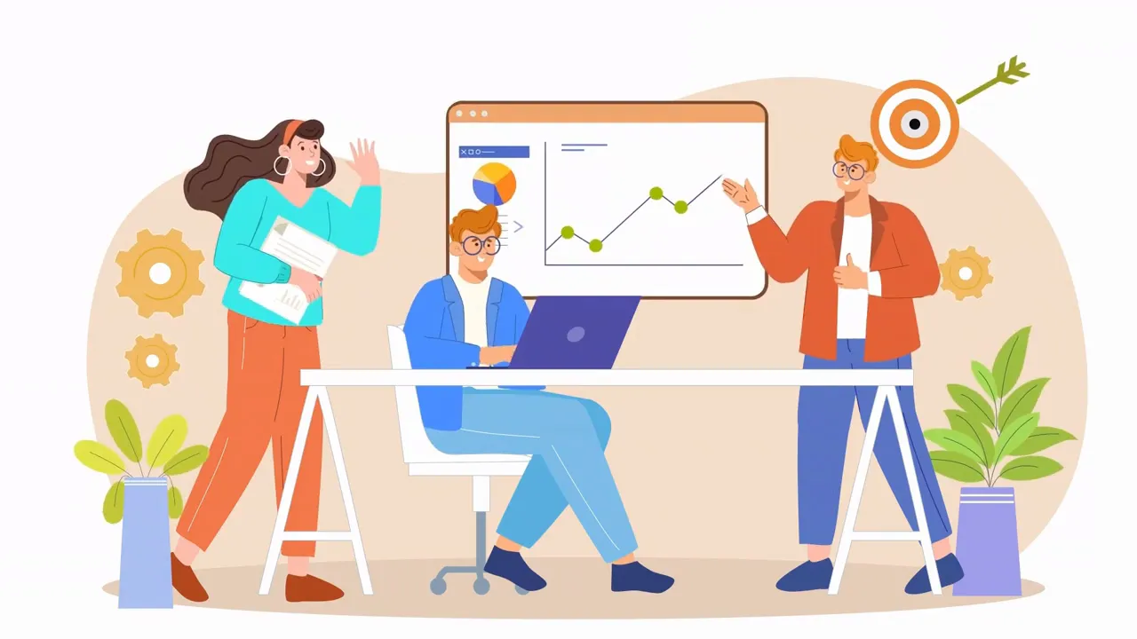 Illustration of a small team collaborating at a desk with a laptop and charts on a presentation board