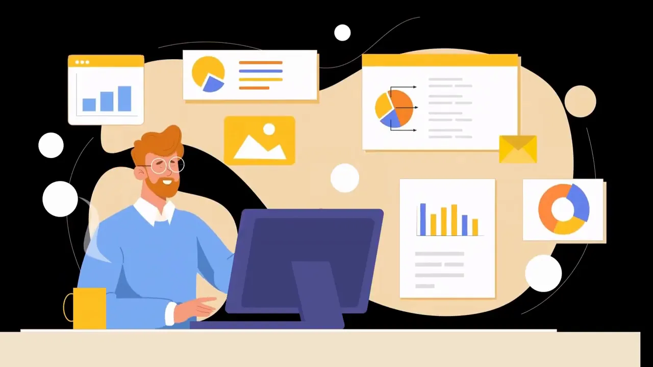Illustration of a remote worker at a desk with charts and graphs on the screen, representing workflows and reporting.