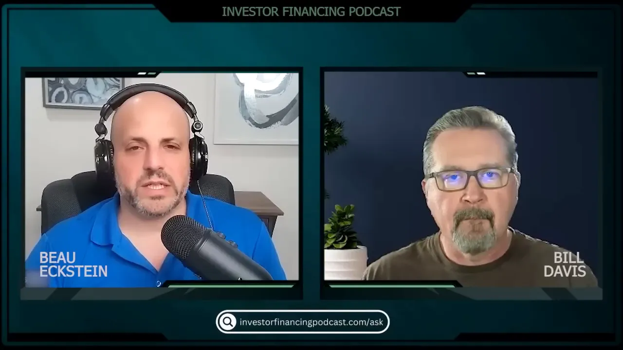 Split-screen podcast view with two hosts and a resource link visible in the lower overlay.