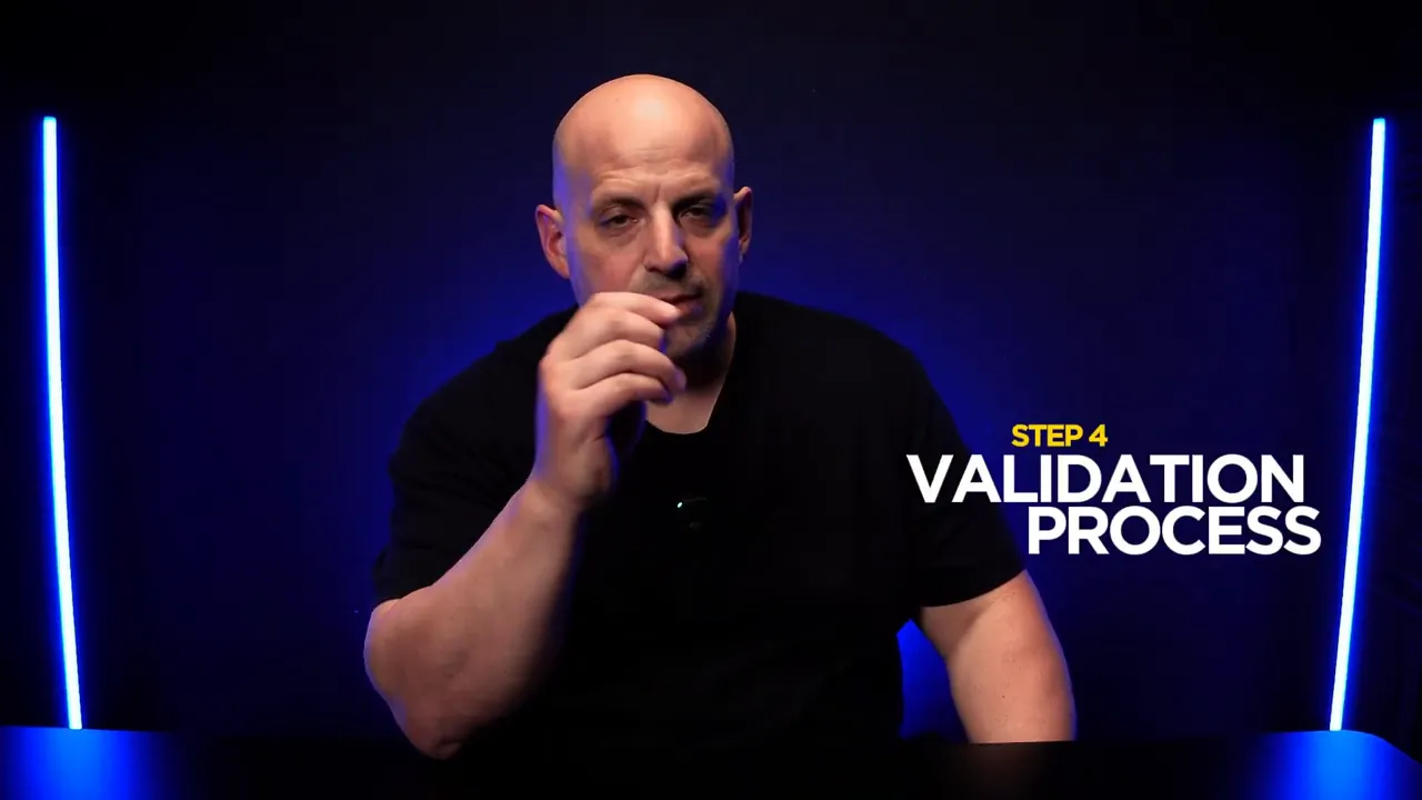 Presenter in blue-lit studio with on-screen title 'Step 4 Validation Process'.