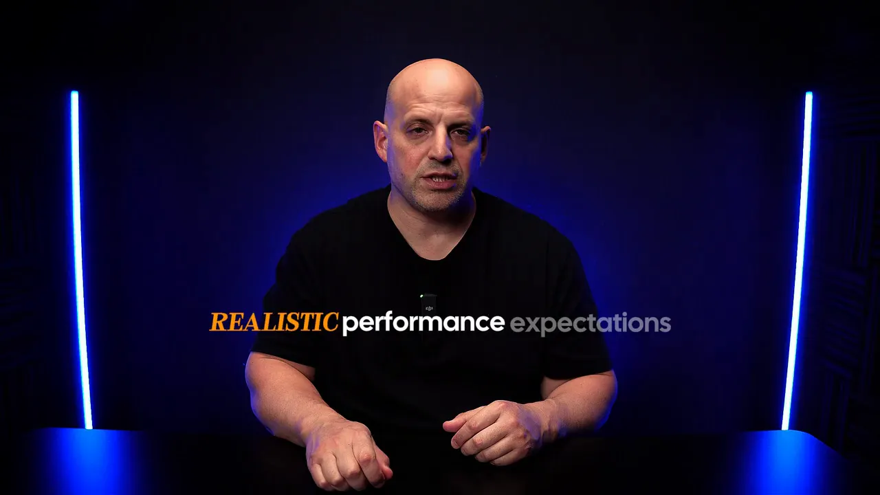 Presenter in a blue-lit studio with bold on-screen text 'REALISTIC performance expectations', clear and high-contrast framing.