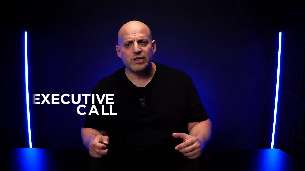 Presenter in a dark studio with blue backlight and large text overlay reading 'EXECUTIVE CALL'.