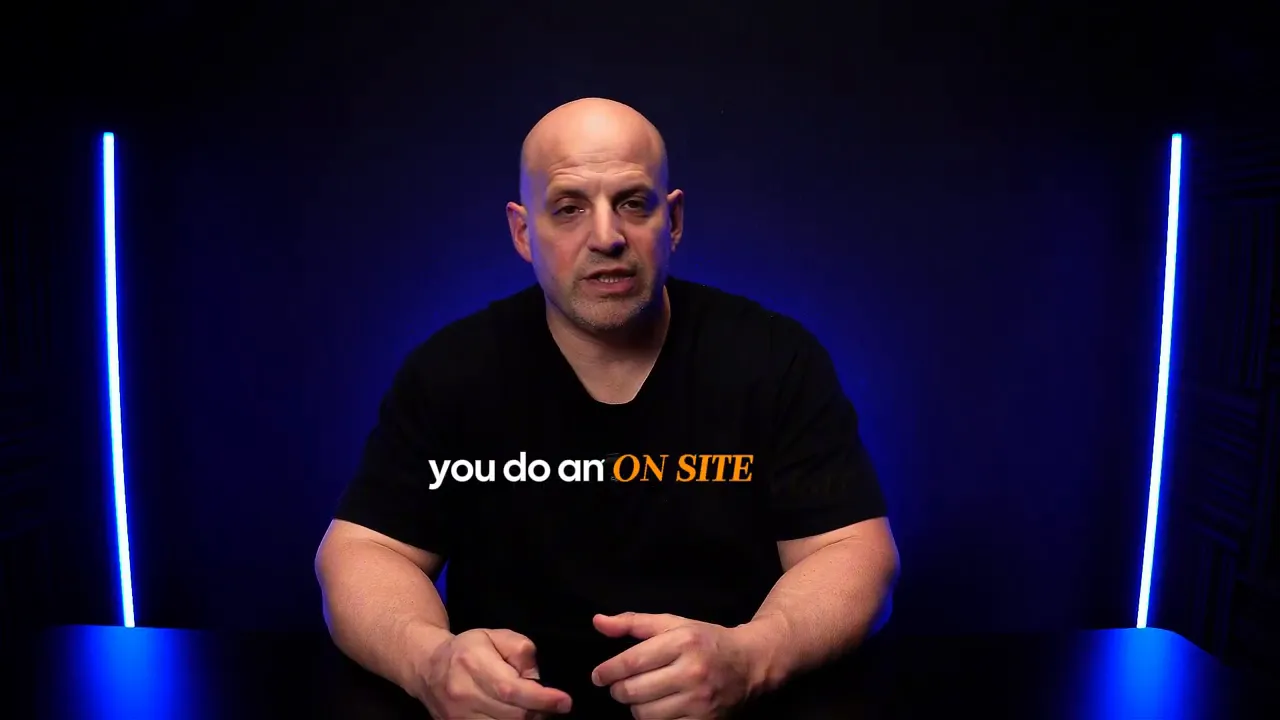 Presenter facing the camera with on-screen text 'you do an ON SITE' illustrating an on-site discovery day.