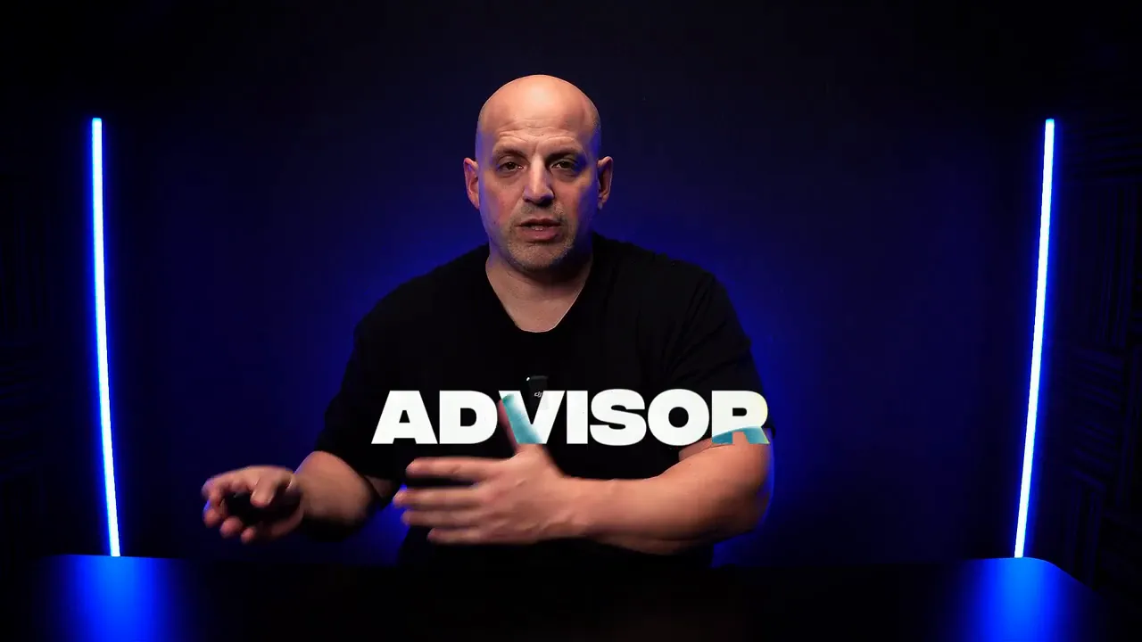 Speaker in studio with large 'ADVISOR' text overlay.