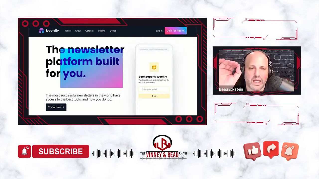Beehiiv newsletter platform homepage screenshot with mobile signup mockup and a speaker thumbnail