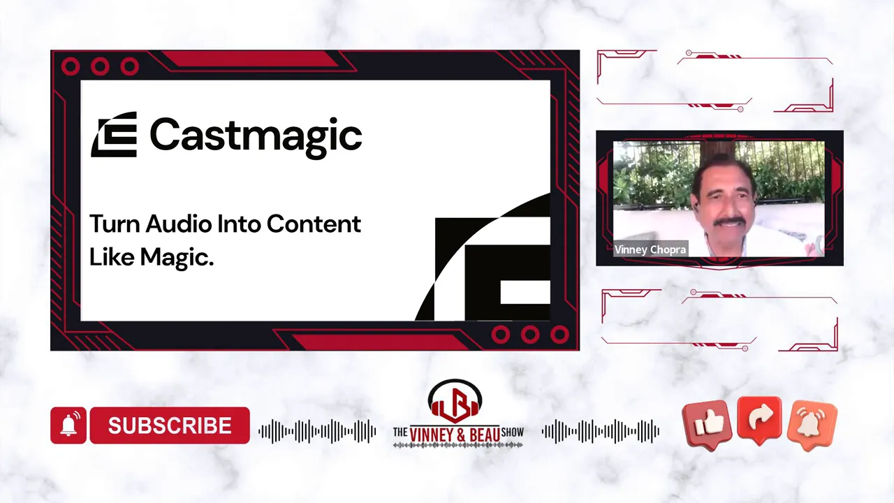 Presentation slide showing Castmagic logo and the tagline 'Turn Audio Into Content Like Magic' with a presenter thumbnail