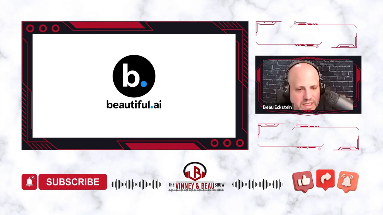 Beautiful.ai slide displayed in main frame with podcast host Beau Eckstein in inset
