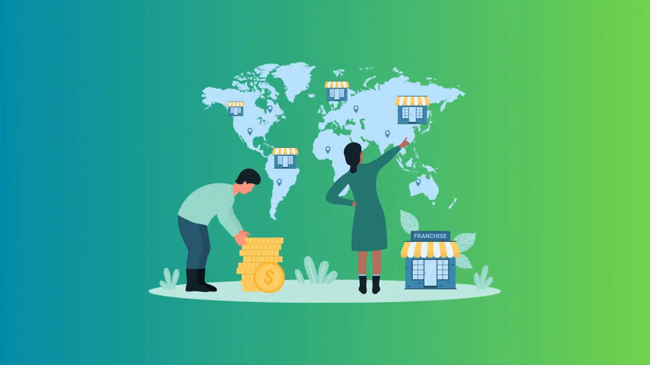 Illustration of a world map with storefront icons and a person stacking coins to represent franchise expansion and funding