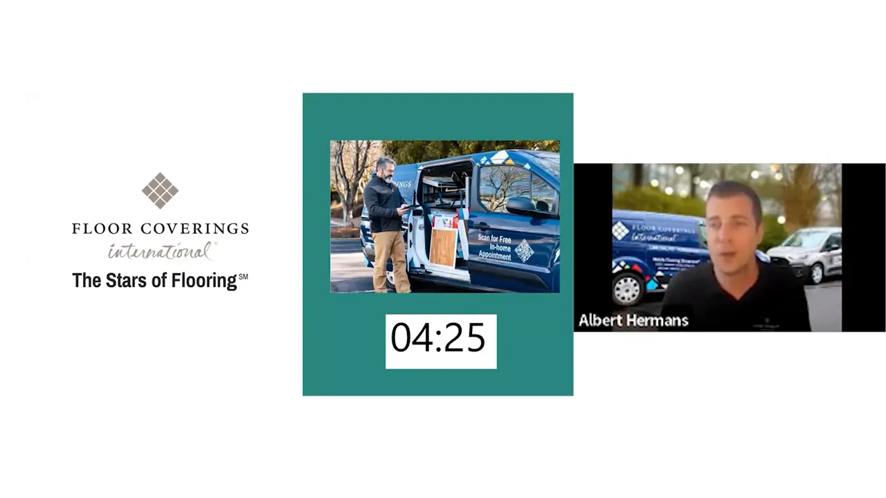 Floor Coverings International slide showing a branded mobile showroom van with samples and a presenter