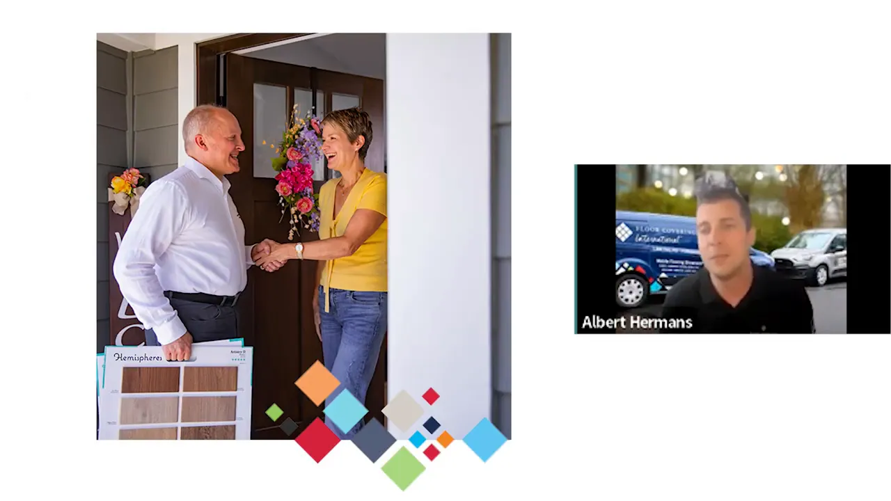 Salesperson presenting a flooring sample board and shaking hands with a homeowner at the front door