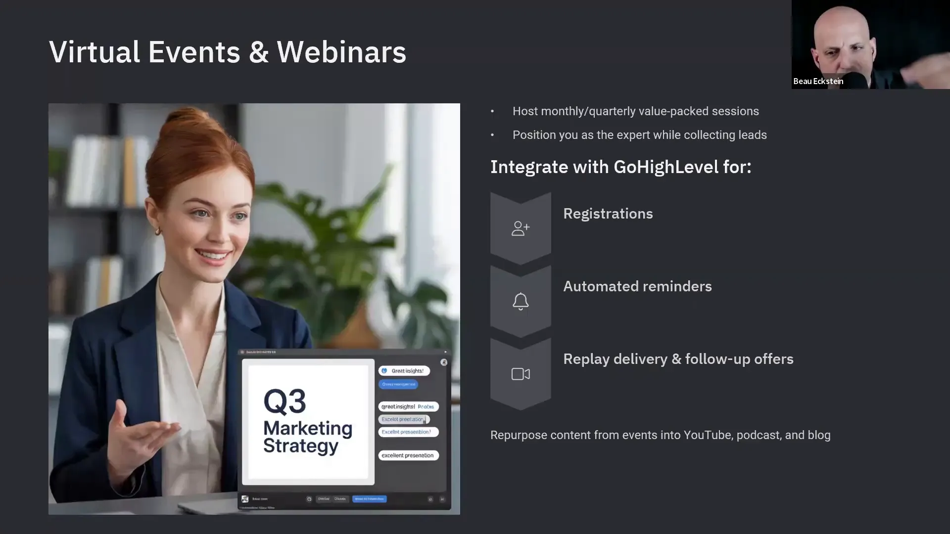 Slide: Virtual Events & Webinars with checklist showing registrations, automated reminders and replay delivery — presenter inset in corner