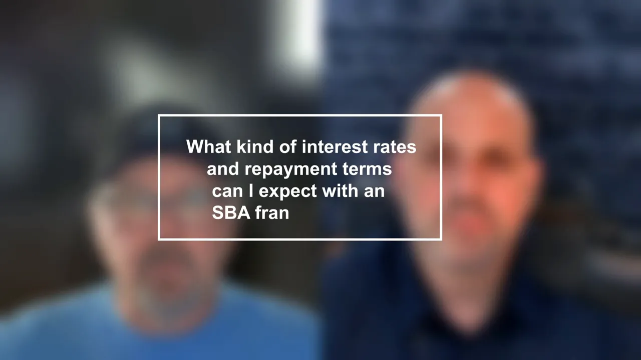 Title card reading 'What kind of interest rates and repayment terms can I expect with an SBA...' over a blurred background of two hosts