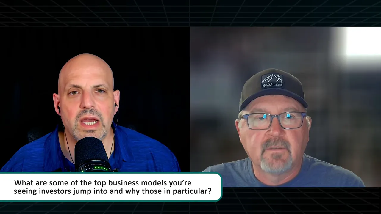 Split-screen interview with host and guest and on-screen question about top business models investors are jumping into.
