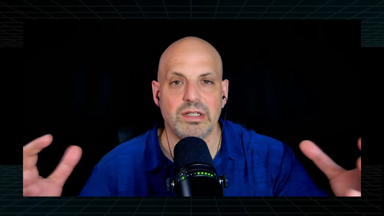 Wide framing of podcast host gesturing with hands while speaking into a microphone against a dark background, clear and high quality.