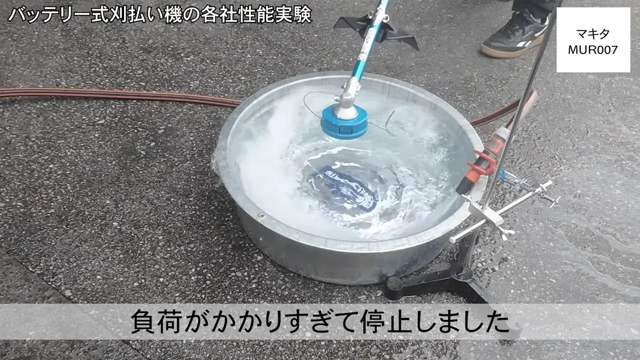 マキタ MUR007が負荷過多で停止した水流負荷実験の様子