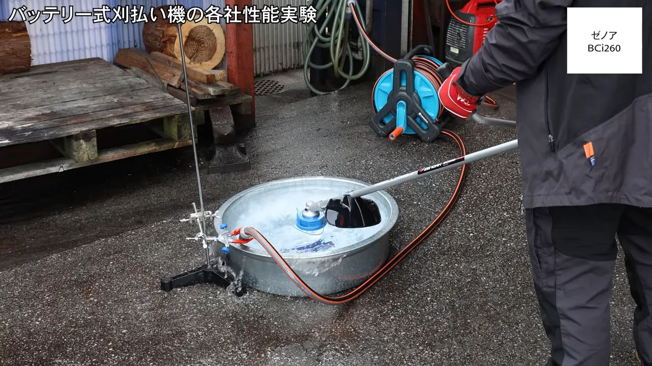 ゼノア BCi260の水流負荷実験セット（たらいとナイロンカッター）