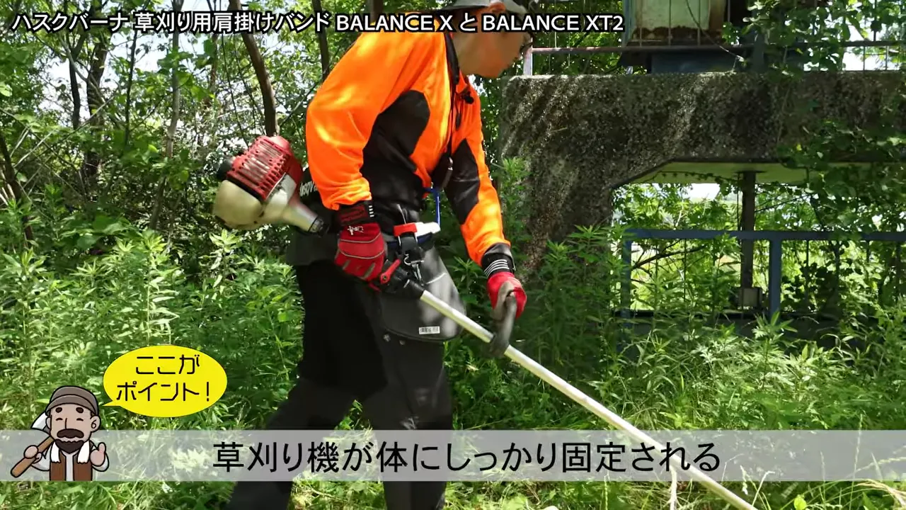 ハーネスを装着して草刈機を振りながら草を刈っている様子