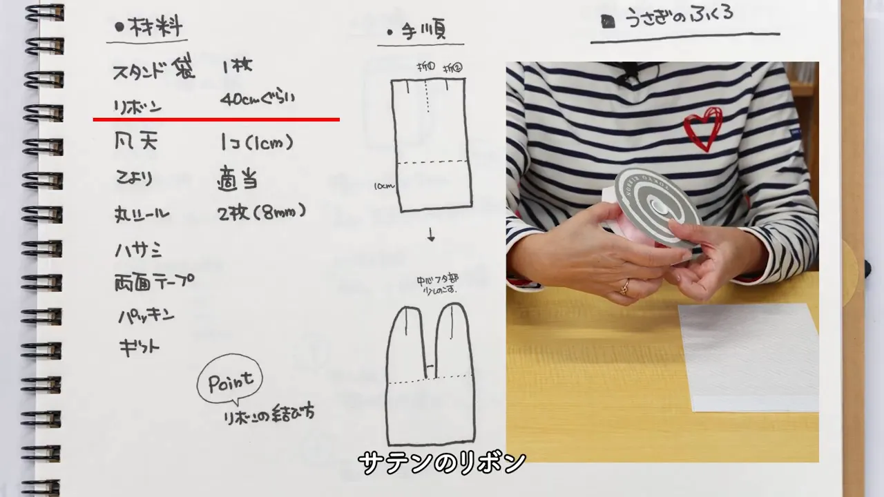 使用するスタンド袋とリボン、丸いシールなどの材料をテーブルに並べた様子