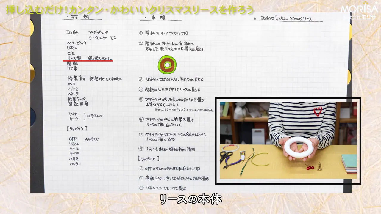 両手で発泡スチロールのリース台を持って見せている様子