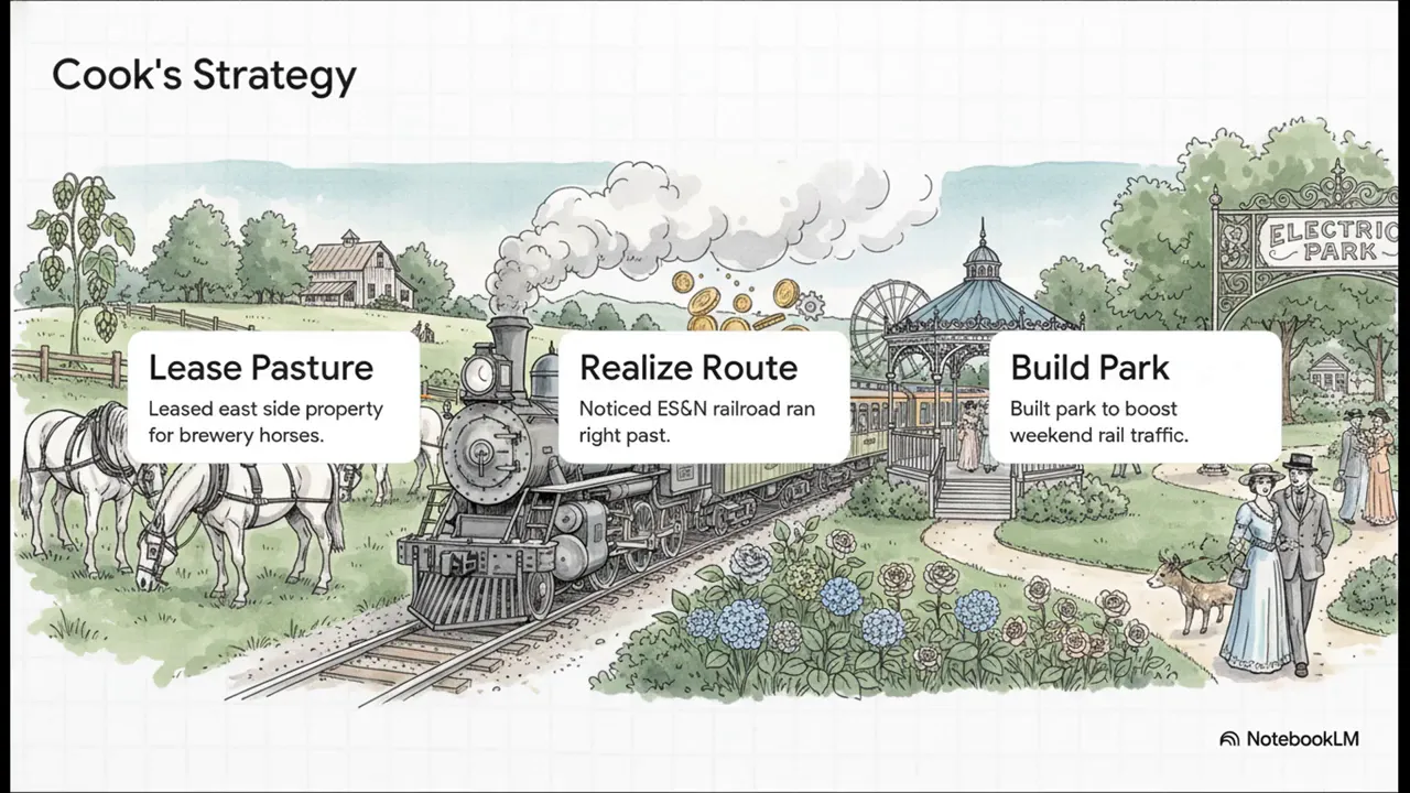 Illustrated Cook’s Strategy slide showing leased horse pasture, a railroad route, and a pleasure park