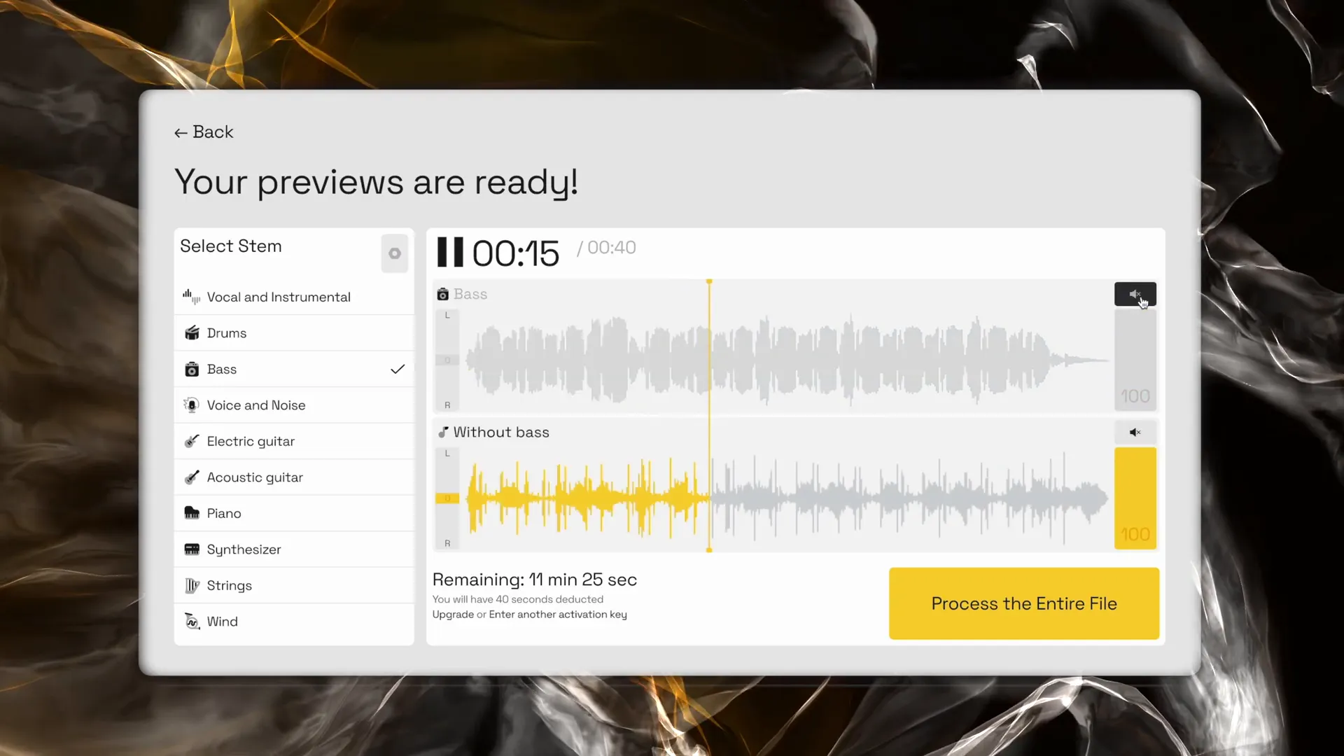 Lalal.ai results showing extracted instrumental without vocals