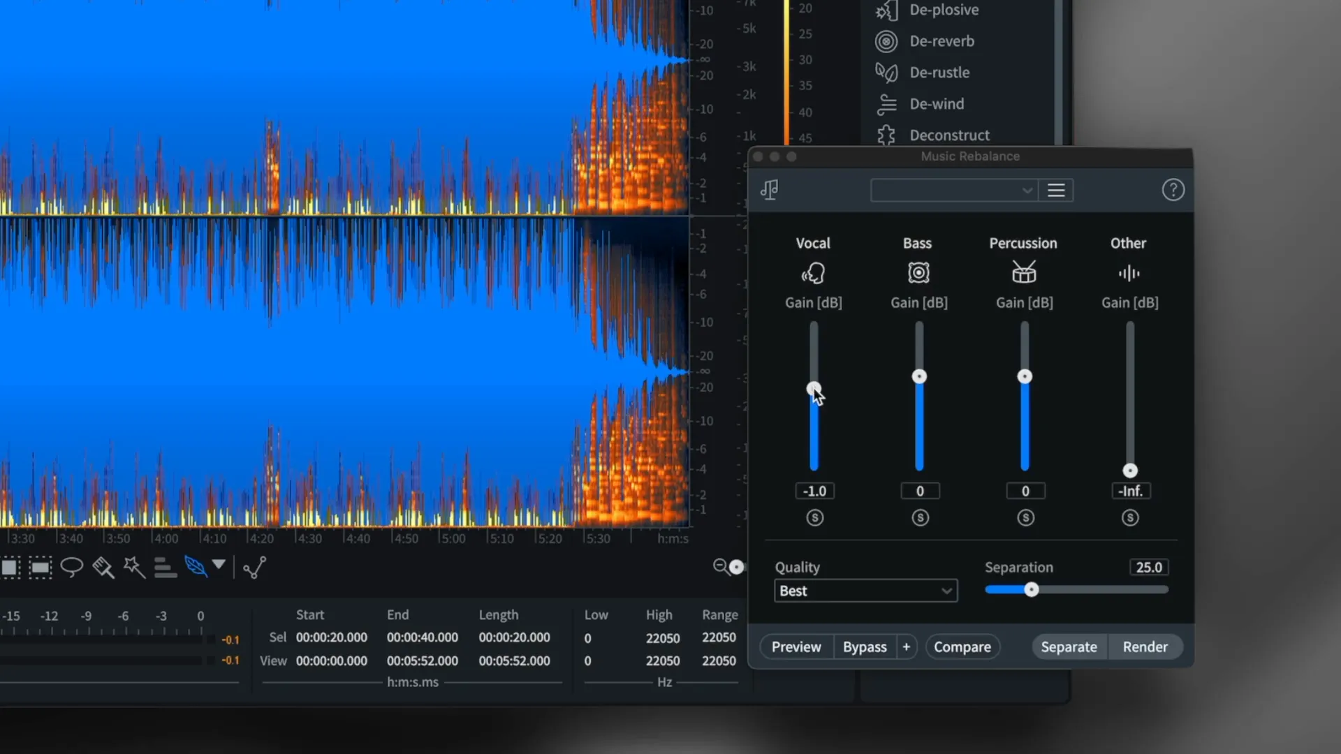 Izotope RX interface showcasing music rebalance tool