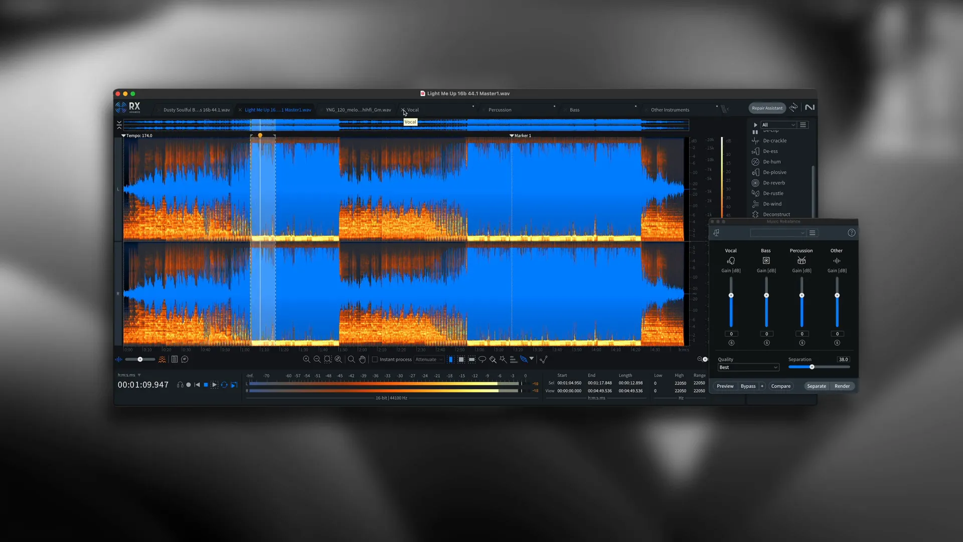 Izotope RX showing extracted individual elements from a complex track