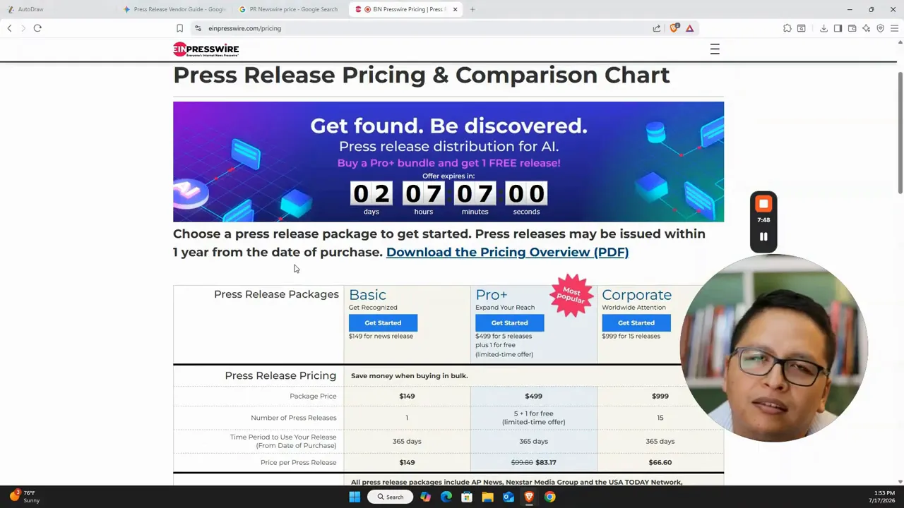 Press release pricing and comparison chart with package columns