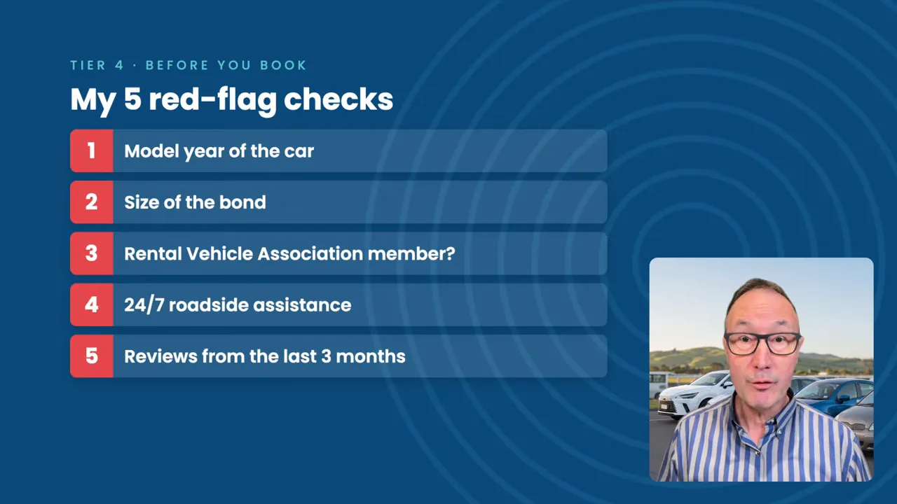 Slide listing five checks covering model year, bond, association membership, roadside assistance and recent reviews