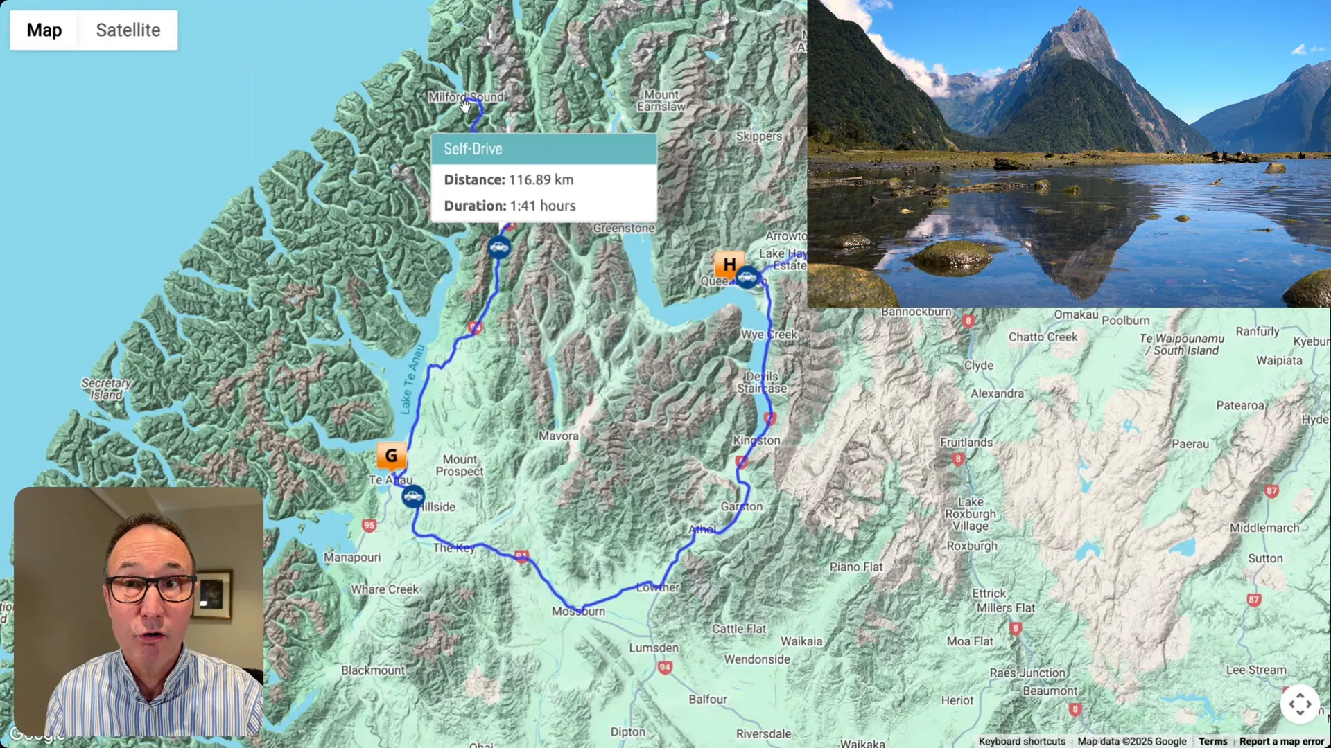 Te Anau lakeside and road toward Milford Sound