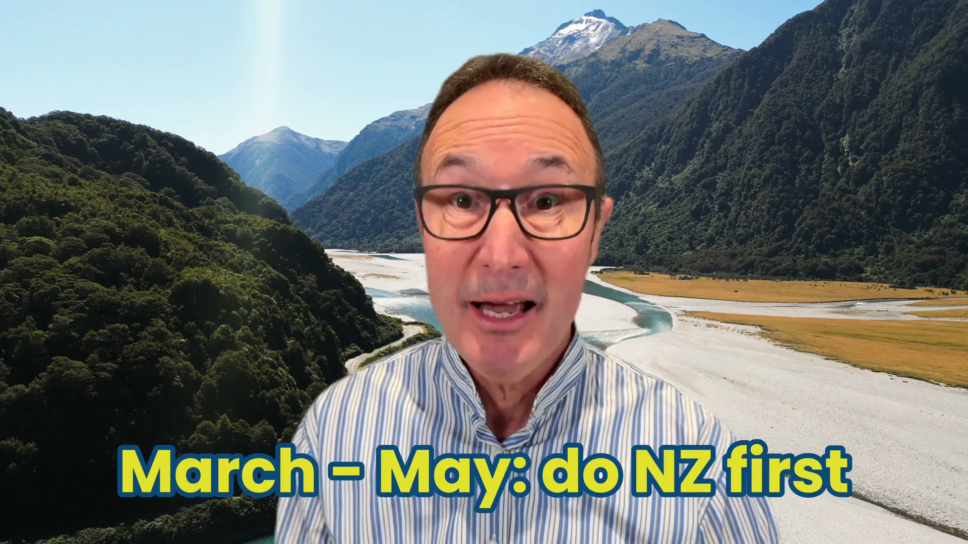 Autumn foliage in New Zealand; text overlay suggests visit New Zealand first March-May