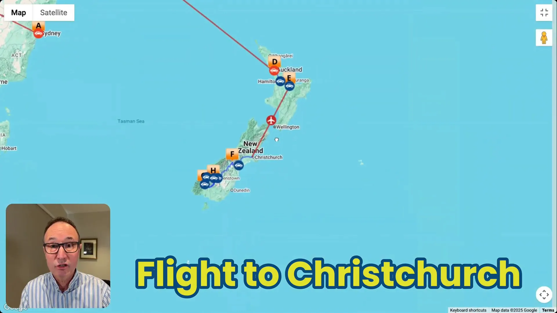 Interior of small domestic airport; map showing Rotorua to Christchurch flight