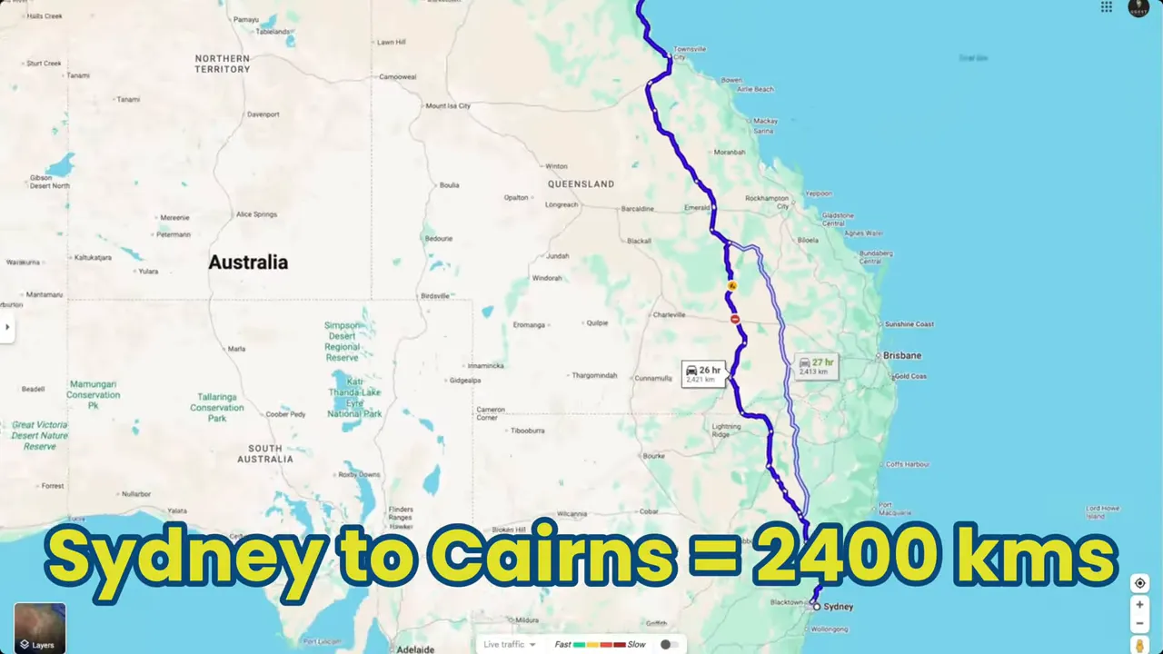 Google Maps screenshot with route and large text 'Sydney to Cairns = 2400 kms'.