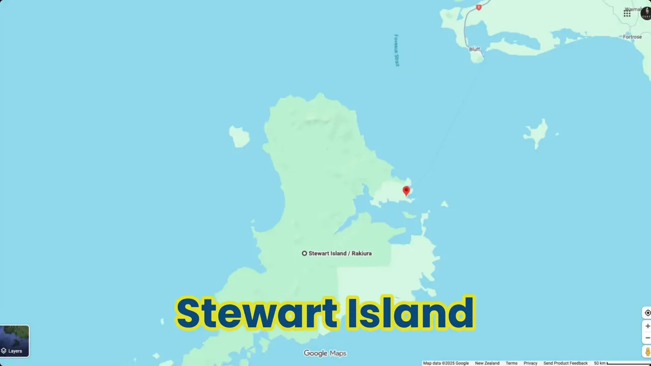Map of Stewart Island / Rakiura with a location pin and a large 'Stewart Island' label.