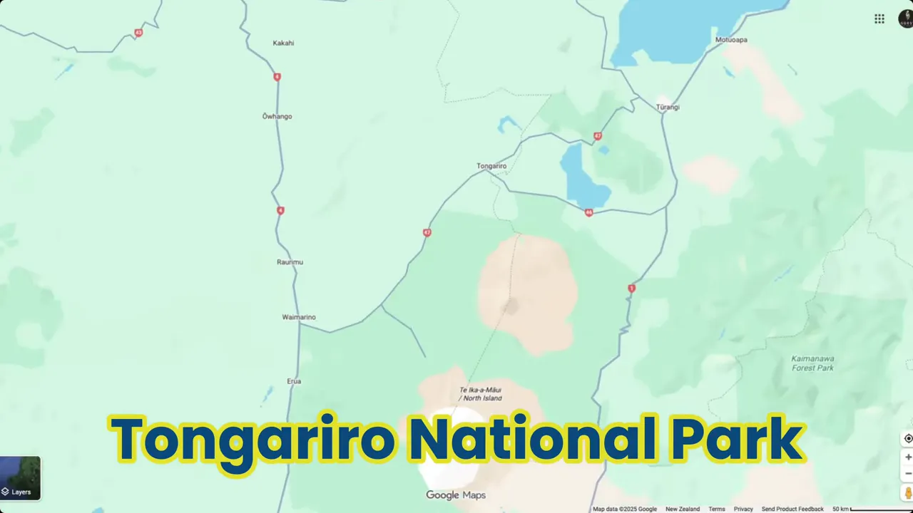 Google Maps view highlighting Tongariro National Park with large 'Tongariro National Park' title overlay