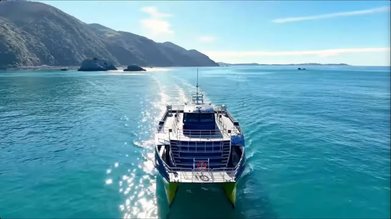 Tour boat cruising turquoise coastal waters with cliffs in the background at Kaikōura