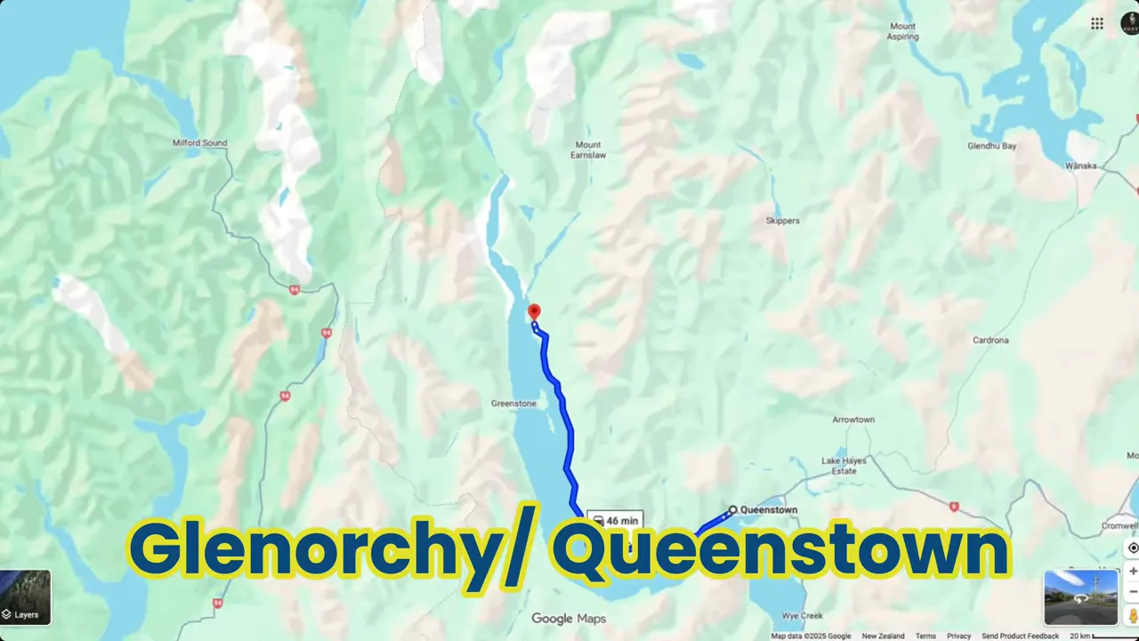 Google Maps screenshot showing a highlighted driving route from Queenstown up the lake to Glenorchy with a bold 'Glenorchy/ Queenstown' label and travel time callout.