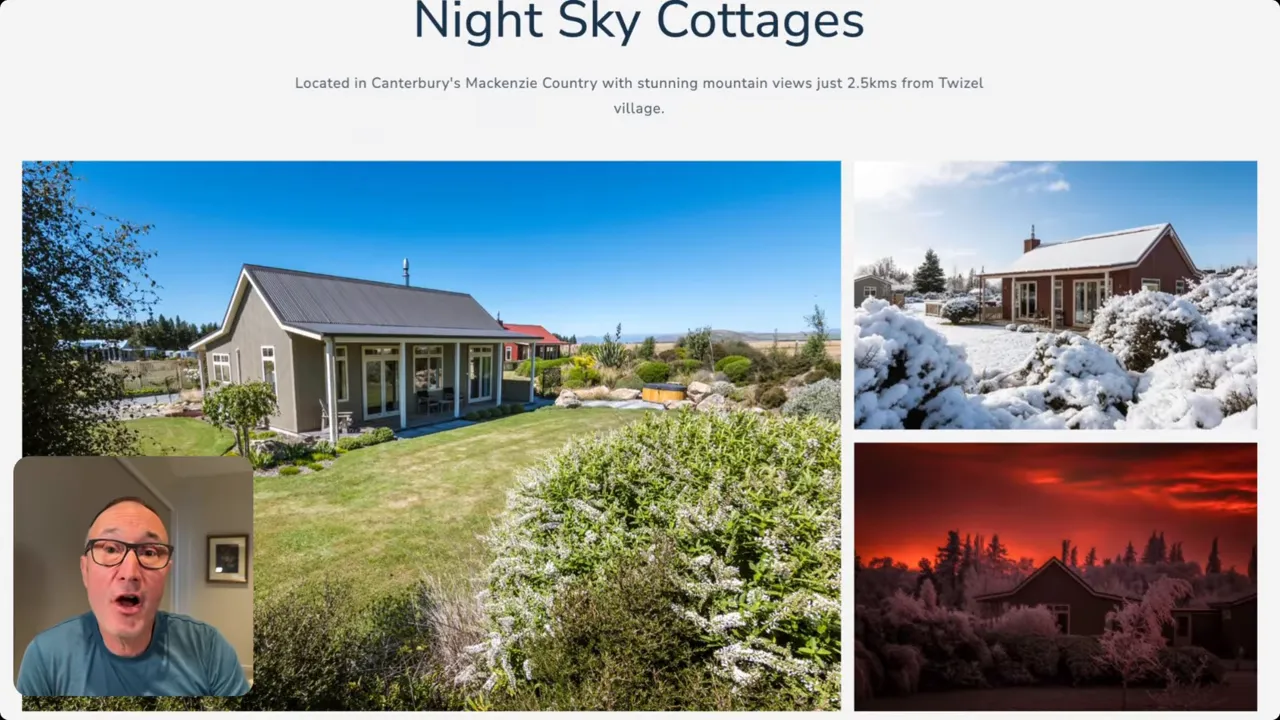 Daytime photo of a Night Sky Cottage with lawn, garden and distant mountain/plain views in Mackenzie Country.