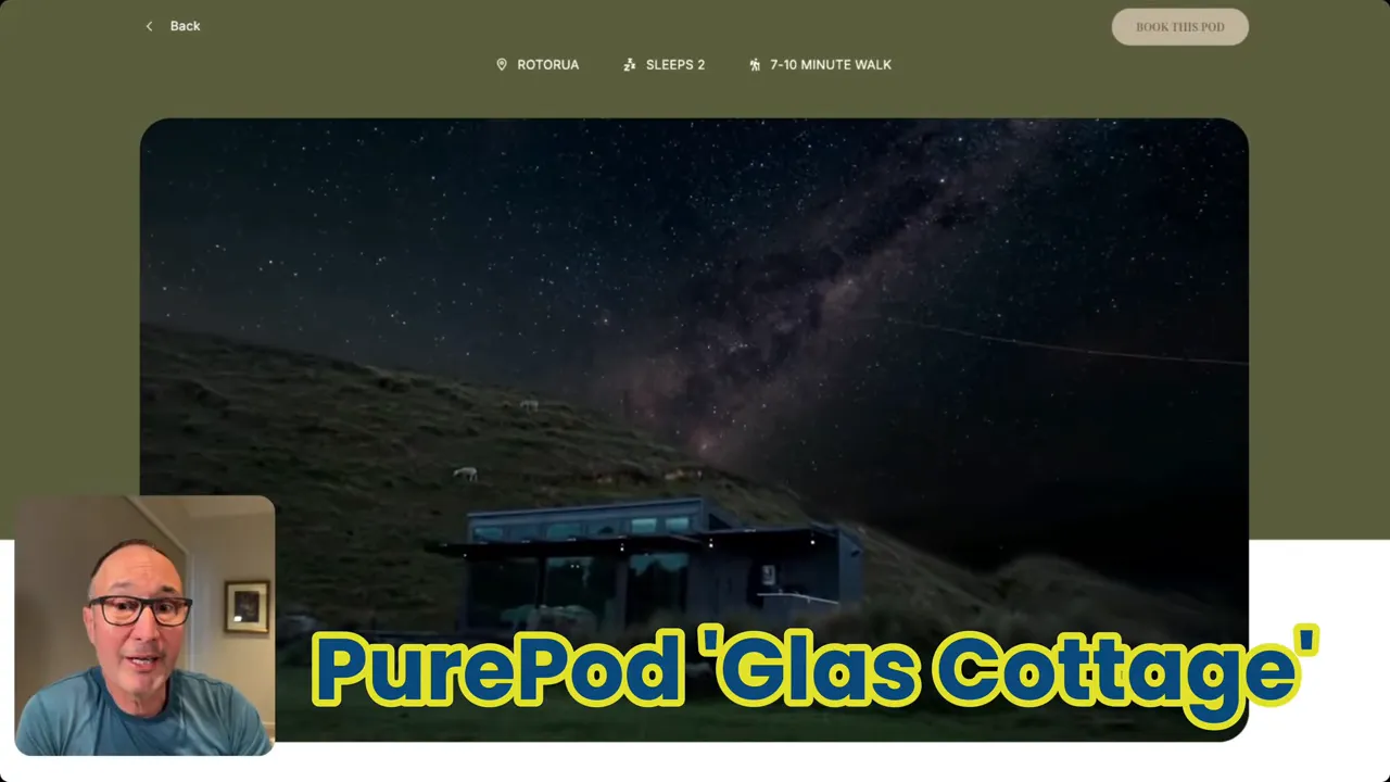 PurePod 'Glas Cottage' exterior at night beneath a starry sky and the Milky Way, with a small presenter inset and overlay text reading 