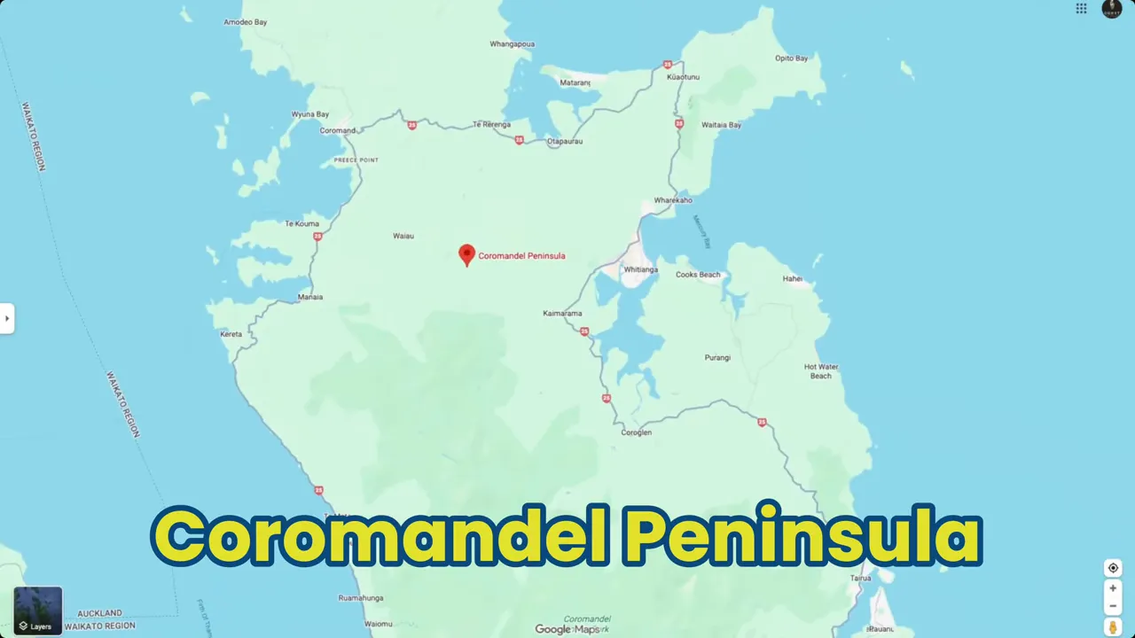 Map view labelled Coromandel Peninsula showing nearby towns and coastline