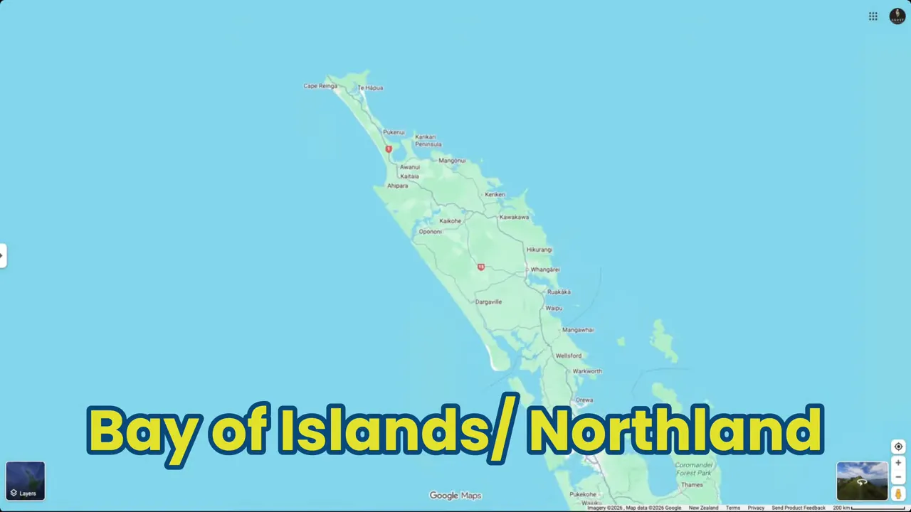 map of New Zealand's Northland showing the Bay of Islands labelled