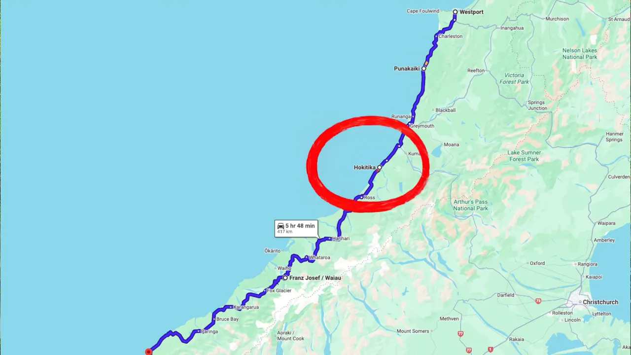 Map showing the West Coast driving route with Hokitika circled and route to Franz Josef and Punakaiki