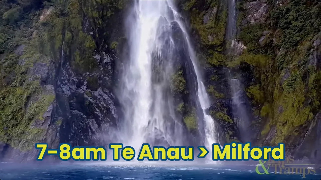 Fjord waterfall scene with bold overlay text reading '7-8am Te Anau > Milford' indicating an early departure time