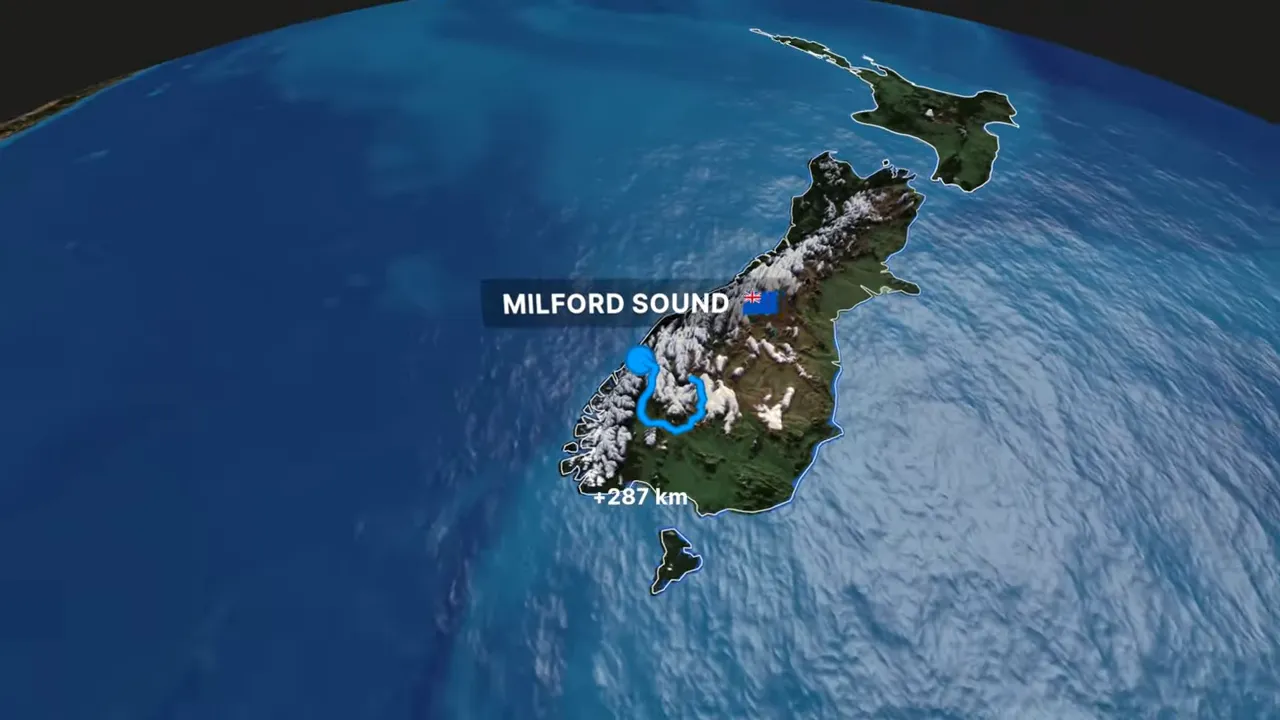 3D map of New Zealand's South Island highlighting Milford Sound with a marked route and '+287 km' label.