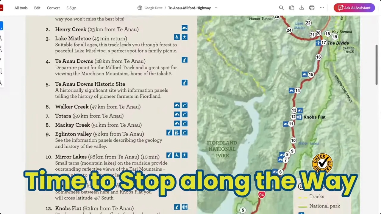 Map of the Te Anau to Milford Highway with a large overlay reading 'Time to Stop along the Way'.