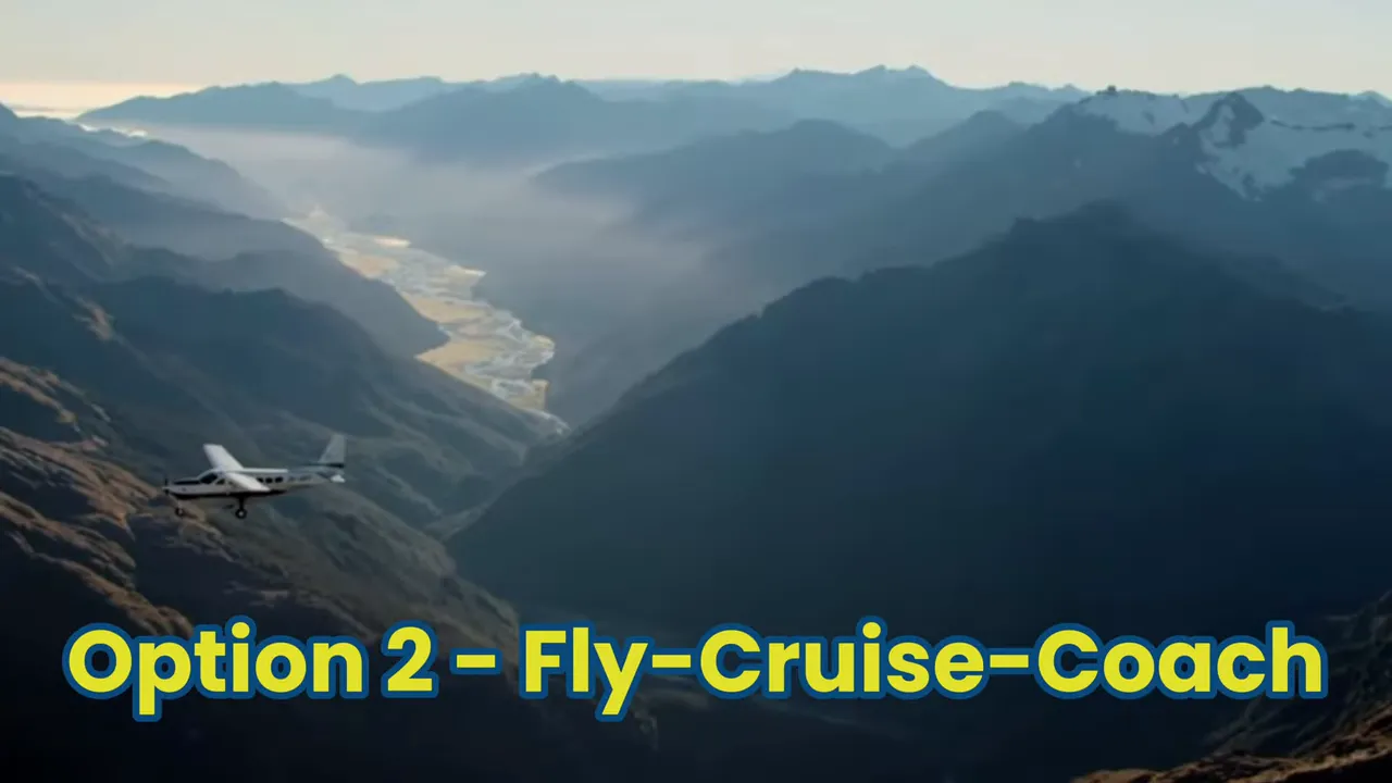Small fixed‑wing plane flying over a mountain valley near Milford Sound with text overlay 'Option 2 - Fly‑Cruise‑Coach'.