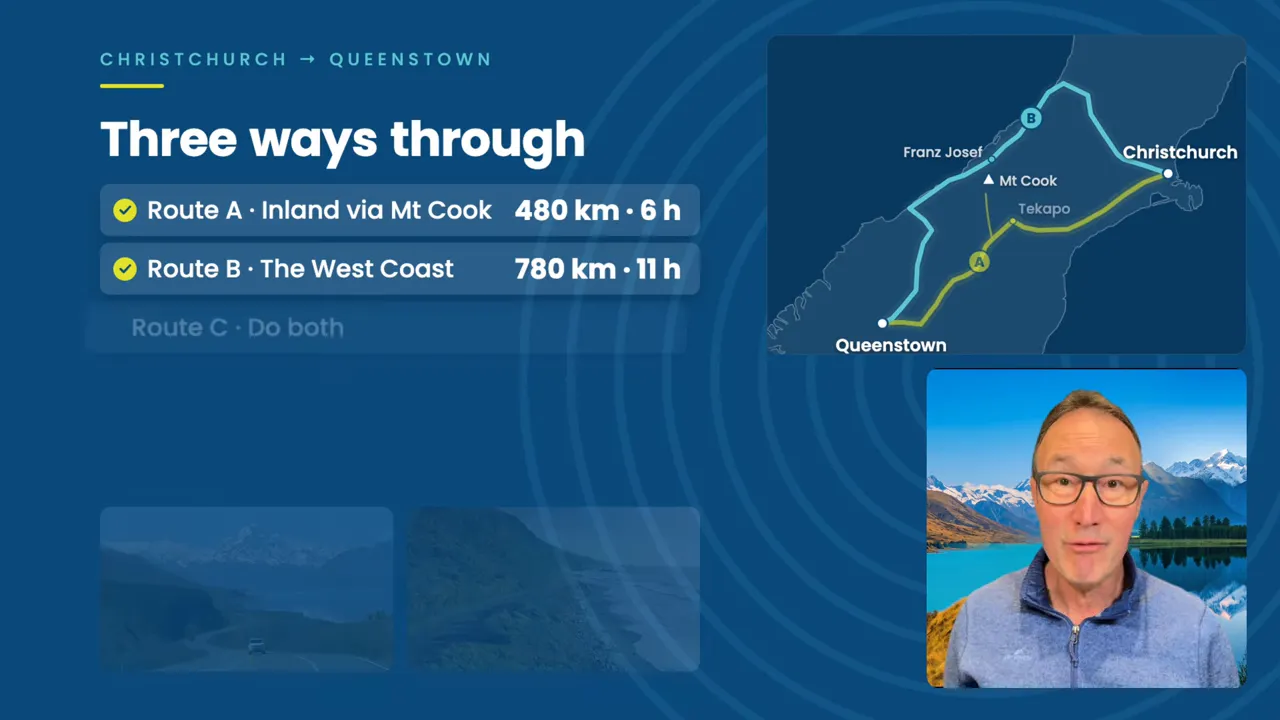 South Island map showing inland and West Coast routes between Christchurch and Queenstown
